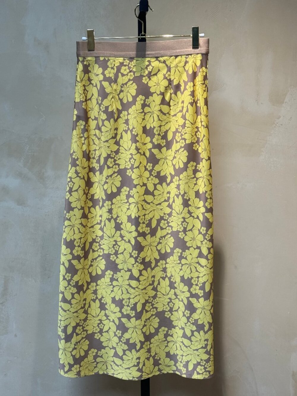 Outerknown Taupe Midi Skirt with Yellow Floral Print